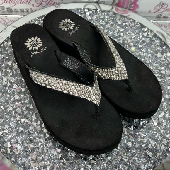 Yellow box wedge sandals flip flops rhinestone jewels Black and Silver Sandals - Picture 1 of 10